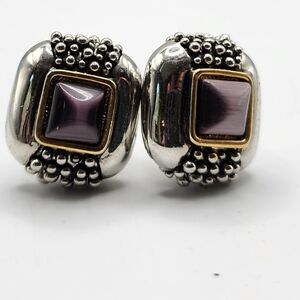 MX Post Earrings Silver Tone purple Cats eye stone Square Pierced